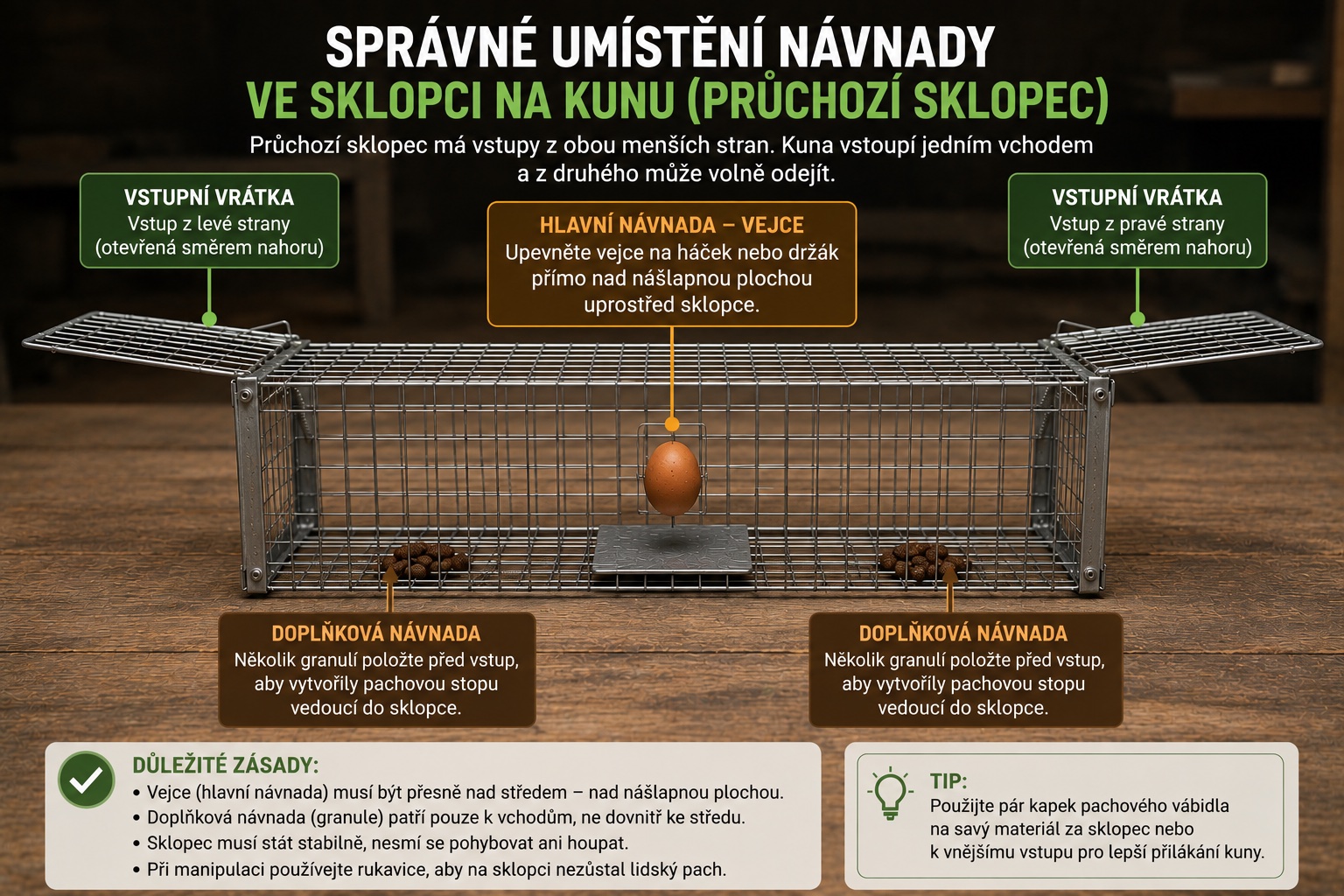 Správné umístění vejce a granulí ve sklopci